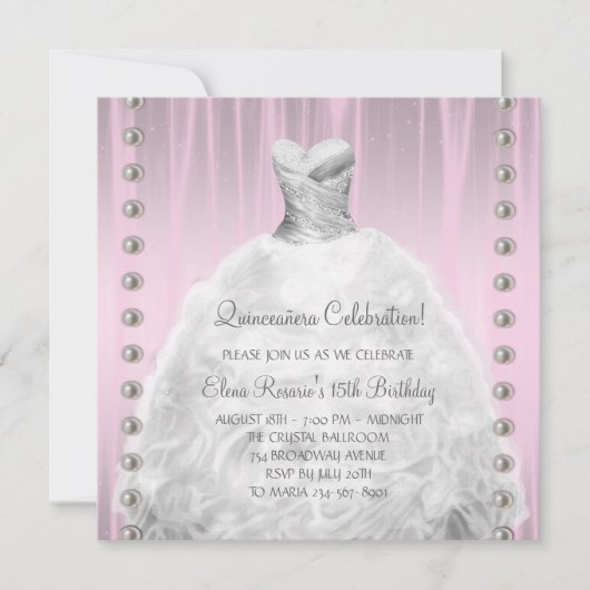 Party Dress Pearls Pink Quinceanera Einladung (Vorderseite)