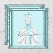 Party Dress Tiara Aquamarin Damask Quinceanera Einladung (Vorne/Hinten)
