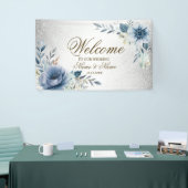 Party Dusty Blue Watercolor Blume Silber Elegant Banner (Messeveranstaltung)