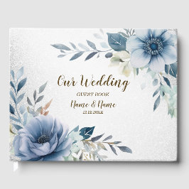 Party Dusty Blue Watercolor Blume Silber Elegant Gästebuch