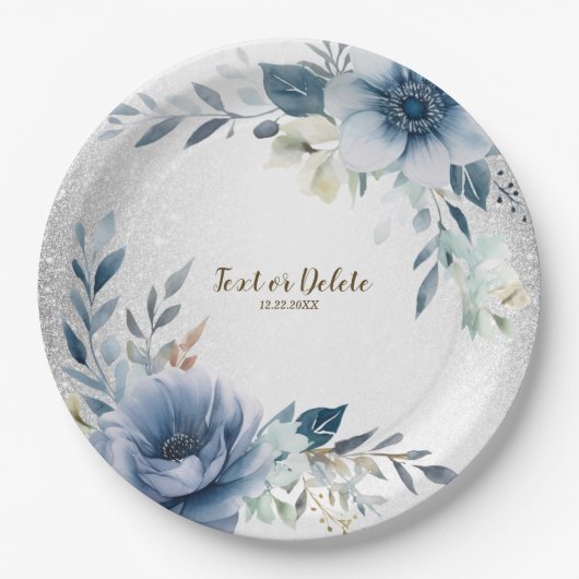 Party Dusty Blue Watercolor Blume Silber Elegant Pappteller (Vorderseite)