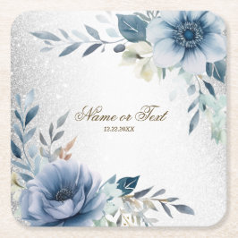Party Dusty Blue Watercolor Blume Silber Elegant Rechteckiger Pappuntersetzer