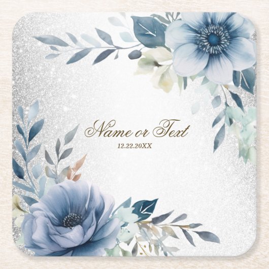 Party Dusty Blue Watercolor Blume Silber Elegant Rechteckiger Pappuntersetzer (Vorderseite)