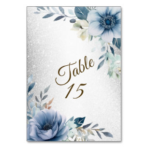 Party Dusty Blue Watercolor Blume Silber Elegant Tischnummer