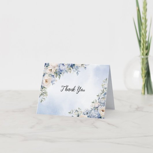 Party Dusty Blue Watercolor Elfenbeinfarbene Blume Dankeskarte (Vorderseite)