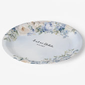 Party Dusty Blue Watercolor Elfenbeinfarbene Blume Pappteller (Schrägansicht)