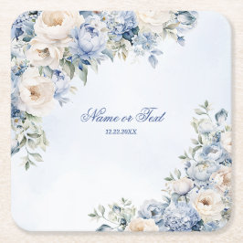 Party Dusty Blue Watercolor Elfenbeinfarbene Blume Rechteckiger Pappuntersetzer