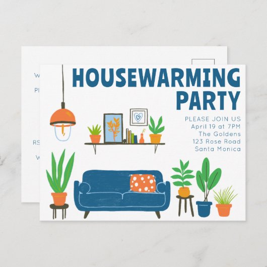 Party einladen Niedliches Wohnzimmer Sofa Postkarte (Vorne/Hinten)
