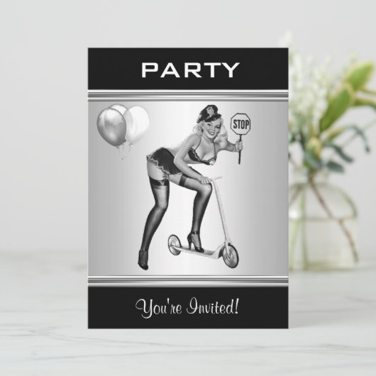 Party Einladende Schwarz-Weiß-Button-Up Girl 1 Einladung (Stehend Vorderseite)