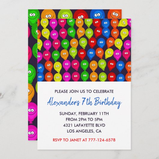 Party Einladung 7. Junge Ballons Monster (Vorne/Hinten)
