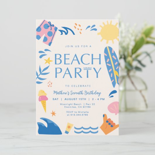 Party Einladung am Strand | Sun and Surf Party Ein (Stehend Vorderseite)
