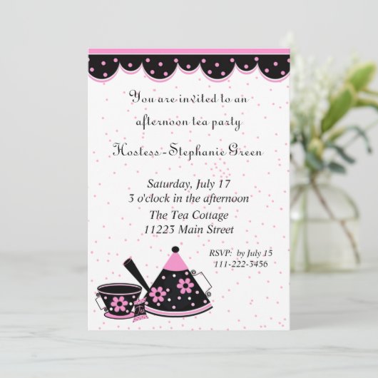 Party Einladung aus rosa, schwarzem und weißem Tee (Stehend Vorderseite)