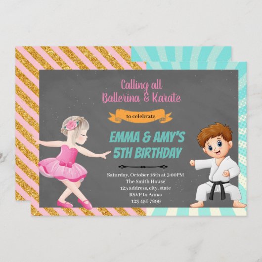Party Einladung Ballerina Karate (Vorne/Hinten)