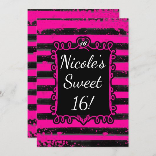 Party Einladung "Black & Pink Strip Grunge Glam" (Vorne/Hinten)