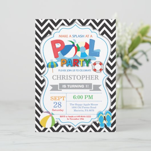 Party Einladung Black Splish Splash Boy (Stehend Vorderseite)