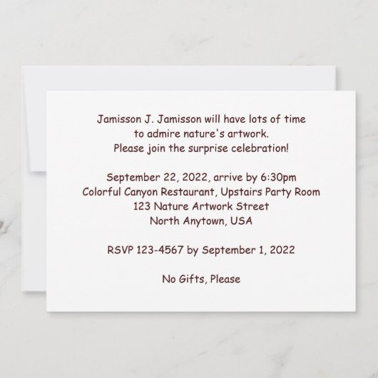 Party Einladung Canyon: Überraschungsruhestand (Rückseite)