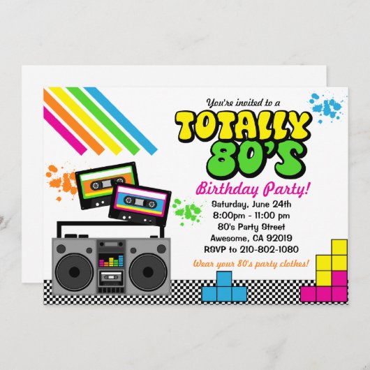 Party Einladung der 80er (Vorne/Hinten)