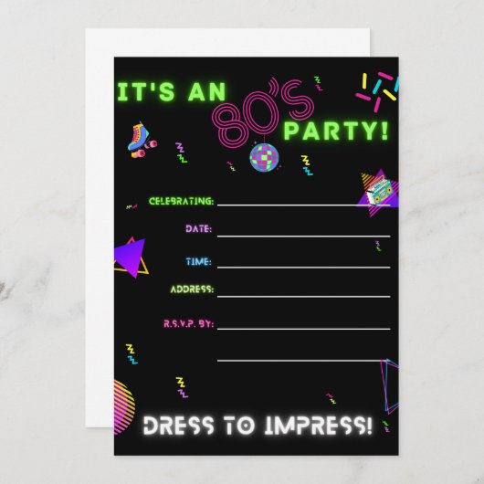 Party Einladung der 80er (Vorne/Hinten)