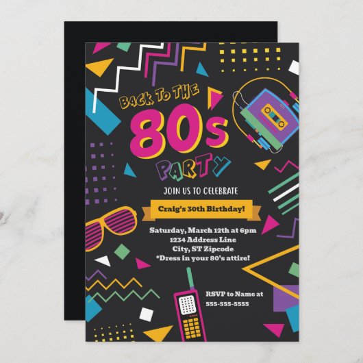 Party Einladung der 80er (Vorne/Hinten)