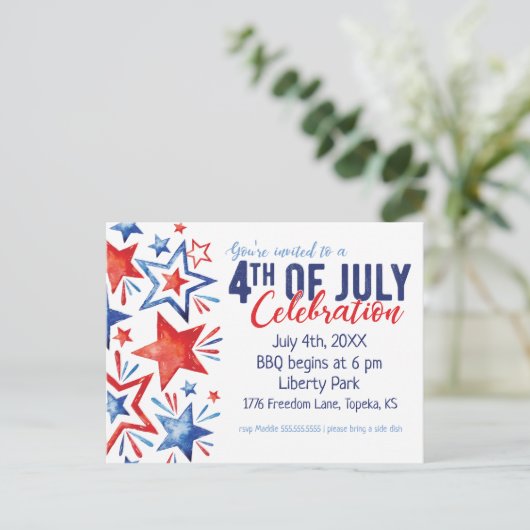 Party Einladung des Aquarell-Amerikanischen Unabhä Postkarte (Stehend Vorderseite)