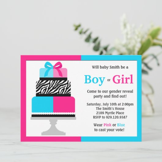 Party Einladung des Geschlechts Rosa Blauer Kuchen (Stehend Vorderseite)