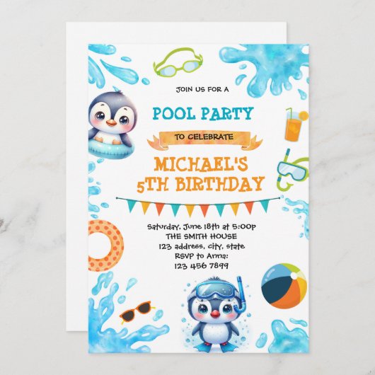 Party Einladung des Pinguinpools (Vorne/Hinten)