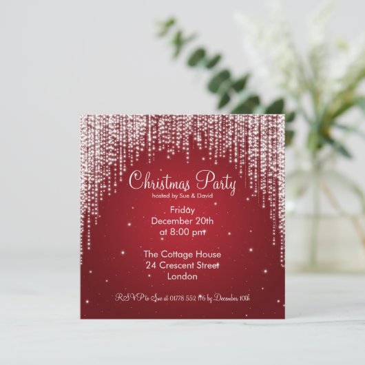 Party Einladung Elegant Falling Sparkle Red (Stehend Vorderseite)