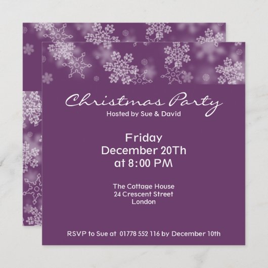 Party Einladung Fallende Schneeflocken Plum Lila (Vorne/Hinten)