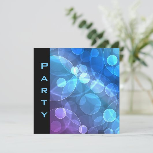 Party Einladung Feathers Black Blue Bubbles (Stehend Vorderseite)