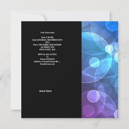 Party Einladung Feathers Black Blue Bubbles (Rückseite)