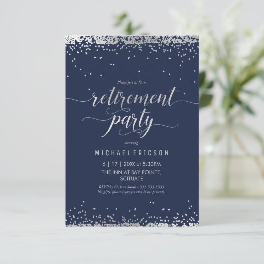 Party Einladung für das Ruhestand - Elegantes Silb (Stehend Vorderseite)