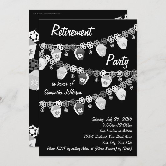 Party Einladung für das Ruhestand in Schwarz (Weiß (Vorne/Hinten)