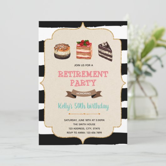 Party Einladung für den Ruhestand von Kuchen (Stehend Vorderseite)