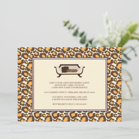 Party Einladung für die Haushaltswärmung {Leoparde (Stehend Vorderseite)