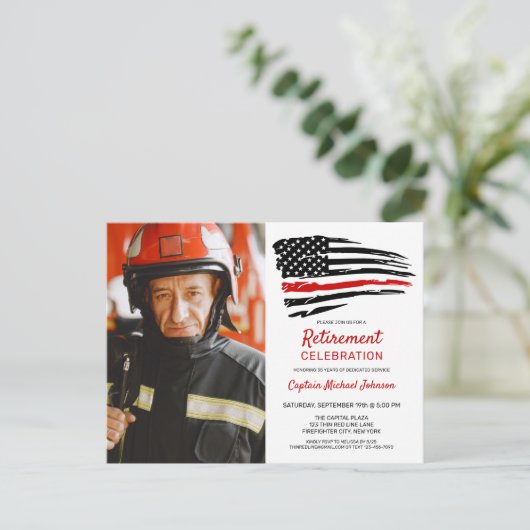 Party Einladung für Feuerwehrruhestand Postkarte (Stehend Vorderseite)