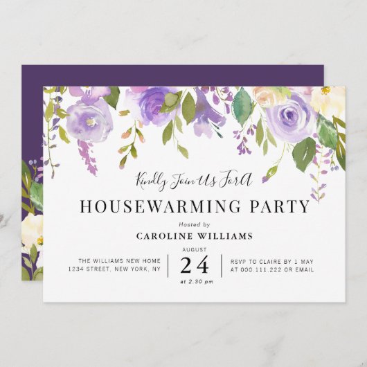 Party Einladung für lila Blumenzucht (Vorne/Hinten)