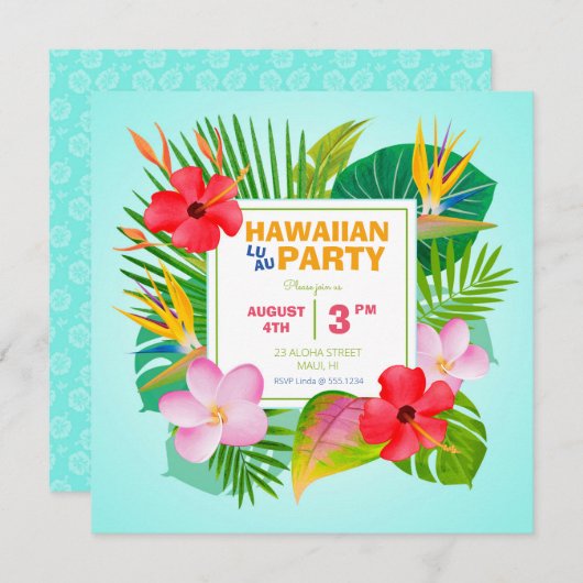 Party Einladung Hawaiian Luau Square (Vorne/Hinten)