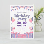 Party Einladung lila und rosa Niedliche Geburtstag (Stehend Vorderseite)