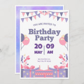 Party Einladung lila und rosa Niedliche Geburtstag (Vorne/Hinten)