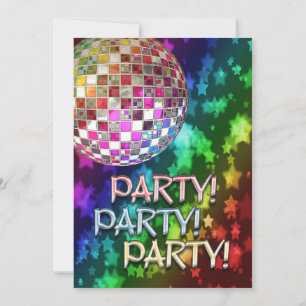 Party Einladung mit Diskokugel und Regenbogen von