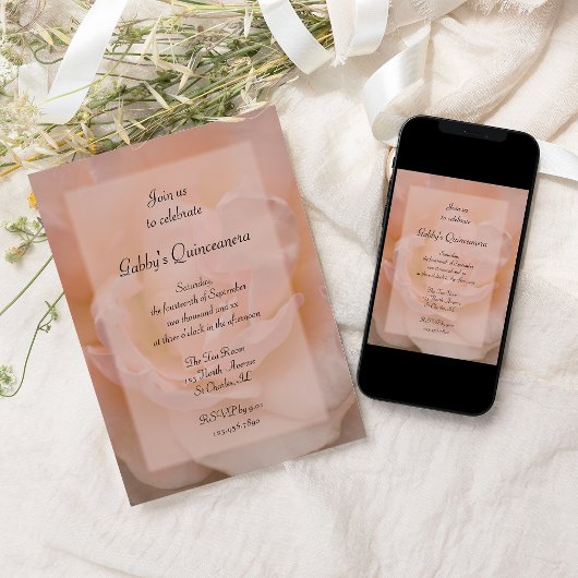 Party Einladung Pale Pink Rose Quinceanera