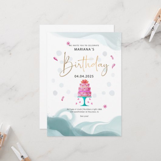 Party Einladung | Pink Cake Theme | Custo (Vorderseite/Rückseite Beispiel)