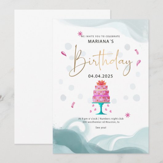 Party Einladung | Pink Cake Theme | Custo (Vorne/Hinten)