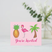 Party Einladung Pink Flamingo Palm Tree Ananas (Stehend Vorderseite)