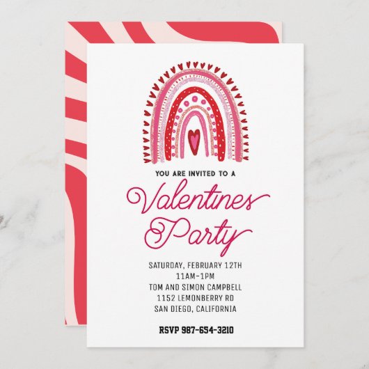 Party Einladung rosa und rot (Vorne/Hinten)