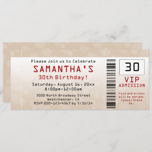 Party Einladung Sand Ticket 30. Geburtstag (Vorne/Hinten)