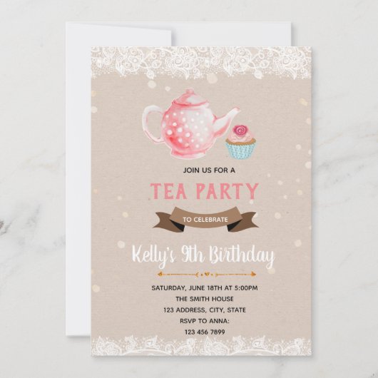 Party Einladung von Cupcake und Tee (Vorderseite)