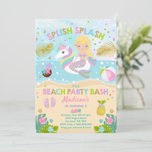Party Einladung von Einhorn und Meerjungfrau (Stehend Vorderseite)