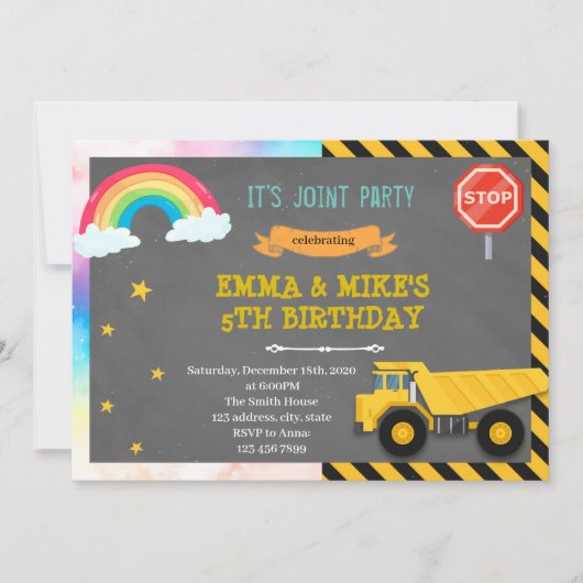 Party Einladung von Lkw und Regenbogengelenken (Vorderseite)