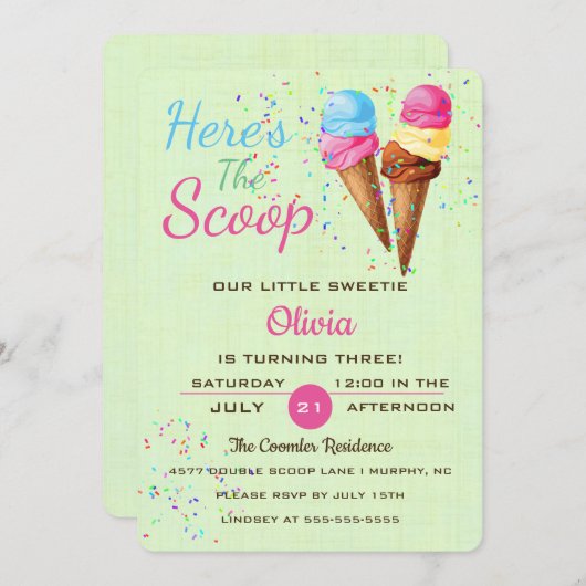 Party Einladung von niedlichem Eiscreme-Kindergebu (Vorne/Hinten)